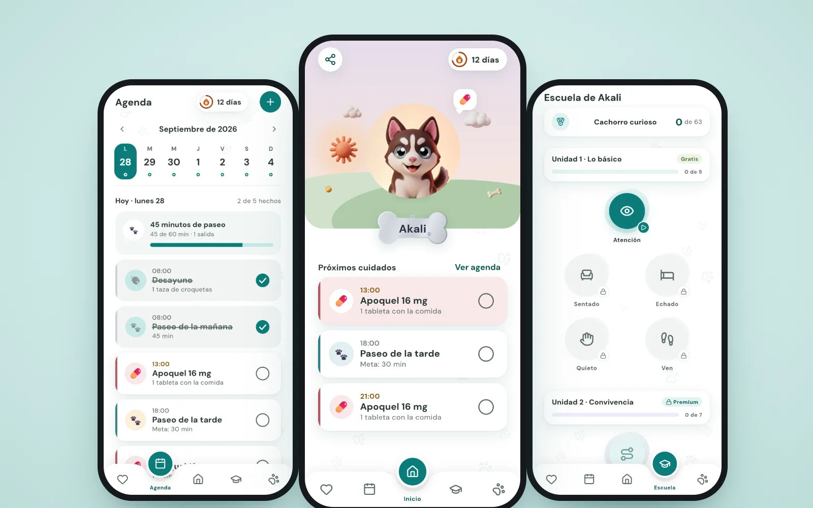 Pantallas de la app Ladry: agenda del día, inicio con el avatar de Akali generado con IA y escuela de entrenamiento.