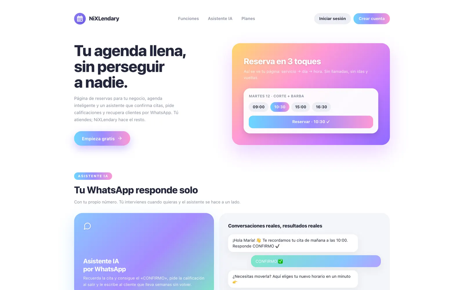 Página de NiXLendary con su propuesta de reservas y agenda.