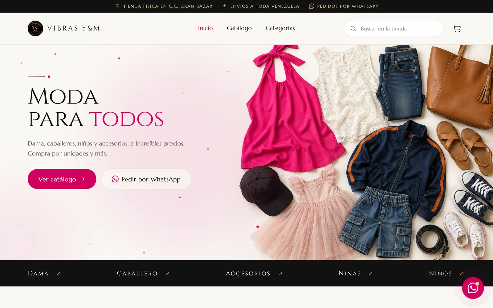 Página de inicio de la tienda Vibras Y&M.